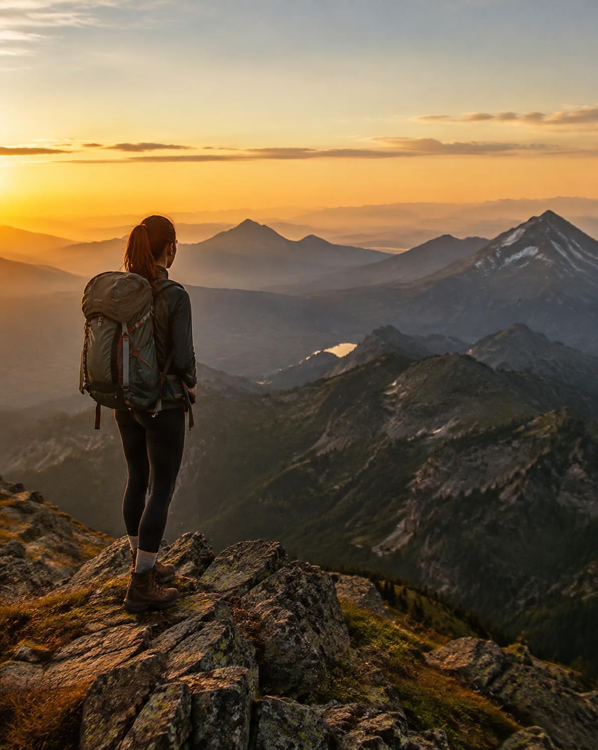 Hiker on a ridge at sunrise